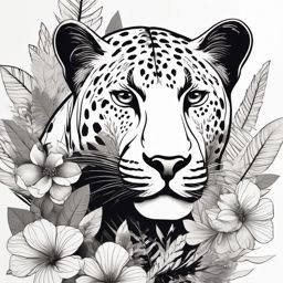 Panther with floral details ink. Jungle blooms in art.  minimalist black white tattoo style