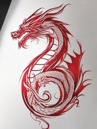 Red Ink Dragon Tattoo - Tattoo featuring a dragon with a red ink design.  simple color tattoo,minimalist,white background