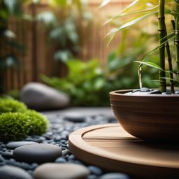 Zen Garden Patio - Zen-inspired garden patio with bamboo accents and a soothing water feature. realistic, professional photography, bokeh, natural lighting, canon lens, shot on dslr 64 megapixels sharp focus