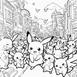 pokemon coloring pages - pikachu leads a parade of pokemon through a lively town. 