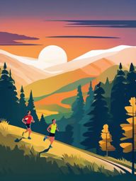 Trail Running in Beautiful Scenery Clipart - Trail runners in breathtaking natural scenery.  color vector clipart, minimal style