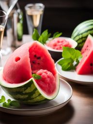 watermelon sorbet served in a hollowed-out watermelon shell. 