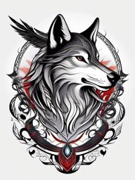 Wolf Raven Tattoo,mysterious union of the enigmatic wolf and the intelligent raven, embodiment of mystique. , color tattoo design, white clean background