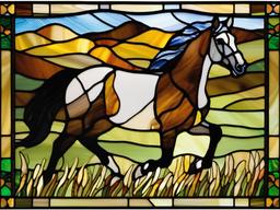 Stained Glass Horse - Brown horse trotting in pasture  