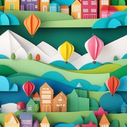 distant view of a bustling town with floating balloons bright cheery colors, Origami paper folds papercraft, made of paper, stationery, 8K resolution 64 megapixels, small details 