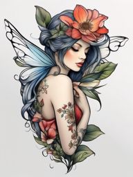 fairy on a flower tattoo  simple color tattoo style,white background