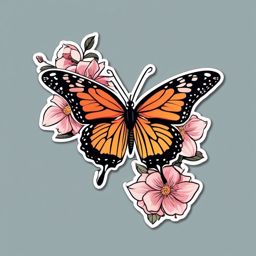 Butterfly and Blossoms Sticker - Butterfly near blooming flowers, ,vector color sticker art,minimal