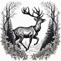 Deer Tattoo - Graceful deer leaping through a forest, symbolizing gentleness  few color tattoo design, simple line art, design clean white background