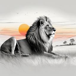 drawing of a lion in sunset view  minimal rough sketch scribbles,doodles,black and white