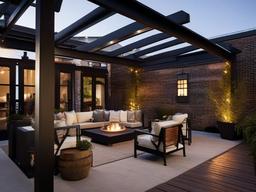 Industrial patio incorporates metal furniture, wooden accents, and exposed beams, giving it a trendy urban vibe that enhances outdoor living.  