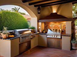 Spanish Revival outdoor kitchen incorporates warm colors, decorative tiles, and rustic accents for a vibrant and inviting atmosphere in an outdoor space.  