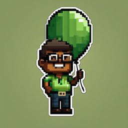 Pixel art game character brown skin man, wide face, glasses, wearing green shirt holding a baloon- Retro gaming adventure, , sticker vector art, minimalist design