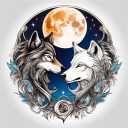 Tattoo Wolf and Moon,celestial partnership, wolf and the moon entwined in a celestial tattoo. , color tattoo design, white clean background