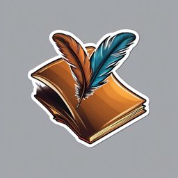 Book and Quill Sticker - Open book with a feather quill, ,vector color sticker art,minimal