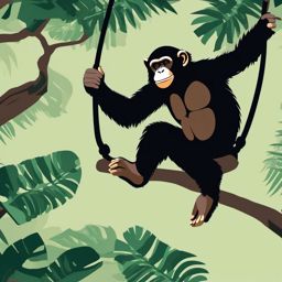 Chimpanzee Clip Art - Chimpanzee swinging through trees,  color vector clipart, minimal style