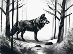 drawing of a wolf in forest  minimal rough sketch scribbles,doodles,black and white