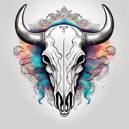 Bull skull with dreamy clouds tattoo. Ethereal essence of the untamed.  color tattoo design, white background