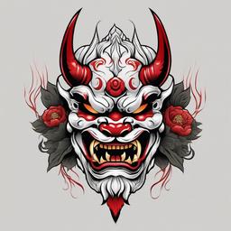 American Traditional Oni Mask - Blends the traditional Japanese Oni mask with American traditional tattoo aesthetics.  simple color tattoo,white background,minimal