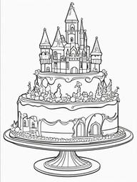 Cake Coloring Pages - Fairy-tale castle cake with towers  simple coloring pages