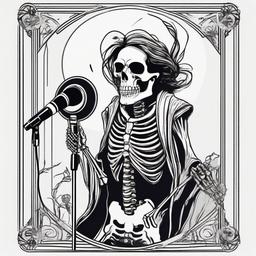 Skeleton Tarot Card with hair karaoke singer with microphone funny black and white simple   minimalist design, white background, professional color logo vector art