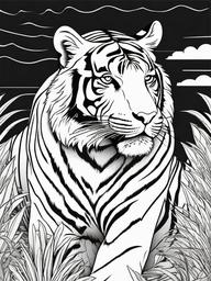 Tiger Coloring Pages - Tiger with a vibrant sunset in the background  simple coloring pages