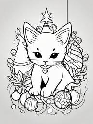 Kitty with Christmas Ornaments Coloring Pages - Festive Kitten Playing with Decorations  minimal black outline printable sheet, coloring page