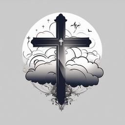Clouds and Cross Tattoo-Symbolic and meaningful tattoo featuring both clouds and a cross, capturing themes of faith and spirituality.  simple color tattoo,white background