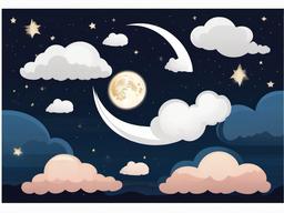 Moon surrounded by clouds at night clipart.  vector style illustration, white background