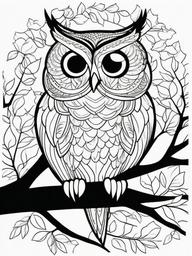 Owl Coloring Pages - Wise owl perched on a tree branch at night  simple coloring pages