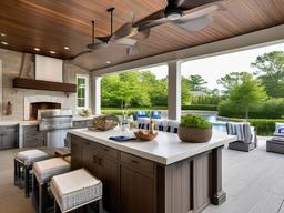 In the outdoor kitchen, Hampton interior design showcases elegant outdoor furnishings, light fabrics, and coastal accents that enhance outdoor cooking and entertaining experiences.  