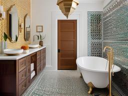 Moroccan-inspired bathroom with Ann Sacks vibrant mosaic tiles, Kohler brass fixtures, and CB2 Moroccan lantern lighting.  