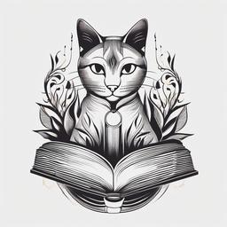 Cat Book Tattoo - Tattoo featuring a cat and a book in the design.  minimal color tattoo, white background