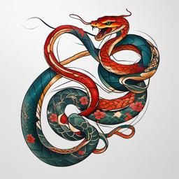 japanese snake tattoo  simple color tattoo,white background,minimal