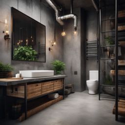 Industrial Bathroom - Industrial bathroom design with exposed pipes and concrete elements. realistic, professional photography, bokeh, natural lighting, canon lens, shot on dslr 64 megapixels sharp focus