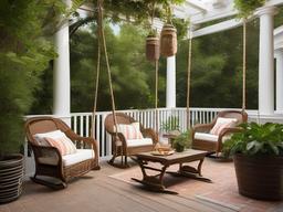 The outdoor patio embraces American Colonial interior design with traditional rocking chairs, a wooden swing, and potted plants that create a charming space for relaxation and socializing.  