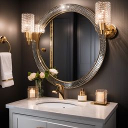 Glam Powder Room - Glamour to your powder room with metallic accents and a crystal chandelier. realistic, professional photography, bokeh, natural lighting, canon lens, shot on dslr 64 megapixels sharp focus