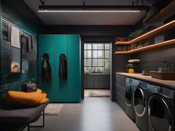 A utility room designed with cyberpunk interior design includes organized storage solutions, industrial finishes, and bright accents that make chores feel modern and enjoyable.  