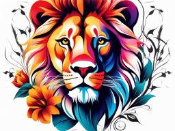 Lion flower tattoo, Tattoos combining the grace of flowers with the strength of lions.  vivid colors, white background, tattoo design