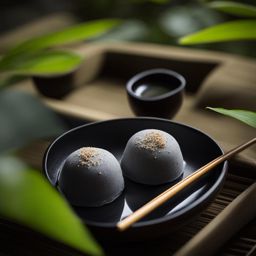 black sesame mochi ice cream, an asian delicacy, enjoyed at a tranquil zen garden. 