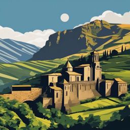 Armenia Tatev Monastery sticker- Medieval monastery complex on a mountain plateau, , sticker vector art, minimalist design