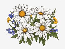 Daisy and Larkspur Tattoo-Capturing the beauty of daisies with the refined charm of larkspur flowers in a tattoo, expressing love and positivity.  simple color tattoo,minimal vector art,white background