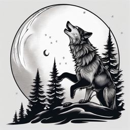 Wolf Howling at the Moon Tattoo,timeless scene, wolf serenading the moon, testament to the enduring connection with the cosmos. , tattoo design, white clean background