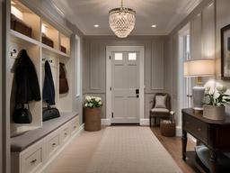 Georgian mudroom showcases classic furniture, elegant finishes, and soft lighting that provide a cozy yet sophisticated entry experience.  