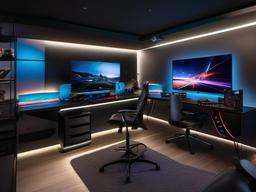 Modern gamer room features a sleek gaming desk, ergonomic gaming chair, and ambient LED lighting, creating a stylish and comfortable environment for long gaming sessions.  