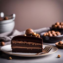 a slice of decadent chocolate hazelnut torte, with layers of chocolate ganache and hazelnut praline. 