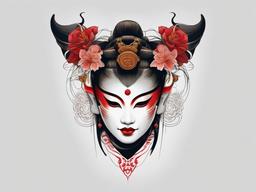 Geisha Hannya Mask - A combination of the expressive Hannya mask and the elegance of a Geisha in tattoo art.  simple color tattoo,white background,minimal