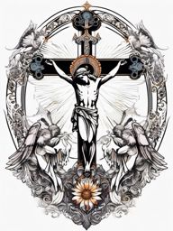 Crucifix with angels ink: Celestial beings surrounding the symbol of sacrifice.  color tattoo style, white background