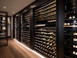 Bauhaus wine cellar includes clean-lined metal racks, functional lighting, and a minimalist aesthetic, providing an organized and modern space for wine storage.  