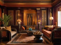 Egyptian Revival interior design in the living room features rich colors, hieroglyphic patterns, and ornate furniture that create an atmosphere reminiscent of ancient Egypt.  