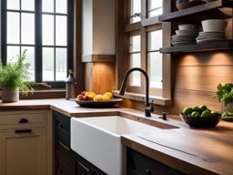 rustic kitchen with reclaimed wood countertops and a farmhouse sink. 